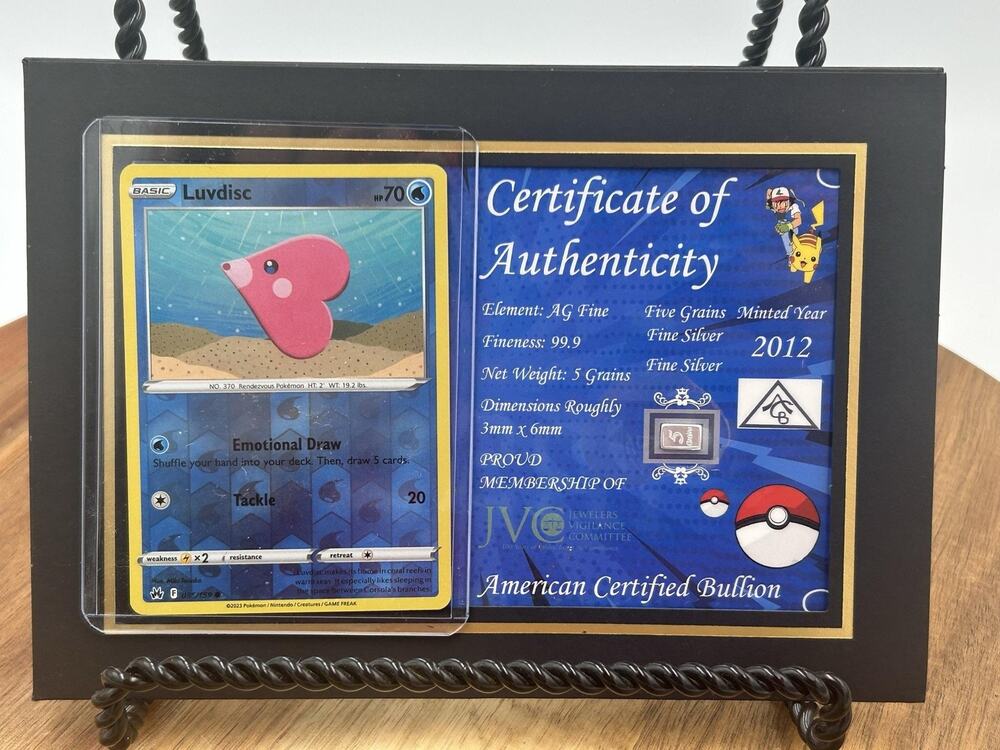 Pokemon Luvdisc Reverse Holo Card Paldea 5 grain .999 Silver Bullion COA Display